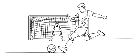 Continuous line drawing of soccer player kicking penalty shot against goalkeeper © Alicja