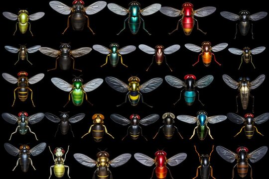 Insects displayed in a grid on a black background, showcasing their unique patterns and colors