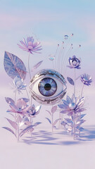 Cyborg eye amidst futuristic flowers and bubbles in purple landscape