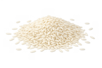 White rice grains forming a small heap, uncooked raw cereal food for healthy eating and natural ingredient cooking on transparent background