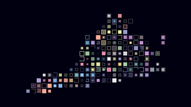Virginia animation. Shape of the state with pulsating colored dots. Large size square blocks. Digital style map on dark background. Plain video.