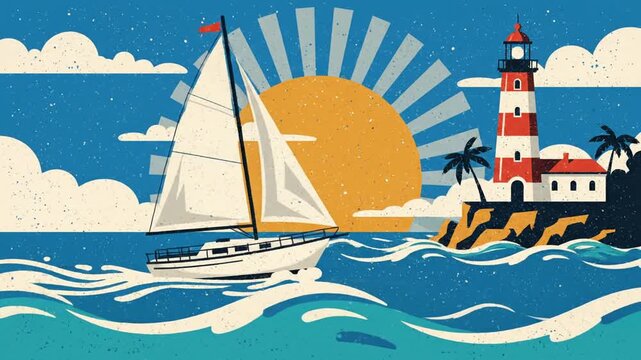 Majestic vector illustration featuring a sleek luxury yacht and sailboat cruising near a tall beacon lighthouse on a rocky coastal seashore during a calm sunset with scenic backdrop.