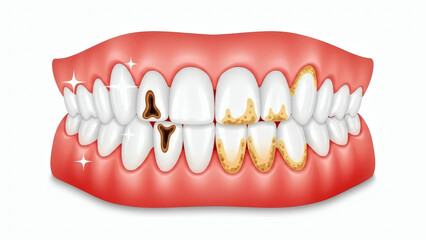 Fototapeta premium Dental hygiene illustration showing healthy shiny teeth versus teeth with cavities and plaque buildup