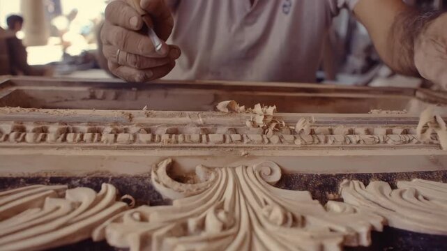 Closeup medium shot of artisans carving intricate designs on vault doors inside a crypt chamber.