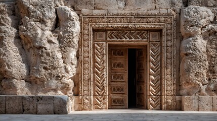 Obraz premium Ancient stone wall features an intricate carved geometric doorway showcasing middle eastern architecture with weathered historic textures.