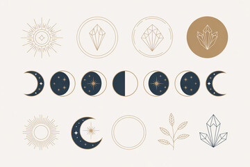 A mystical boho-style logo and icon set in a neutral color palette of gold, navy blue, and white on a light beige background.