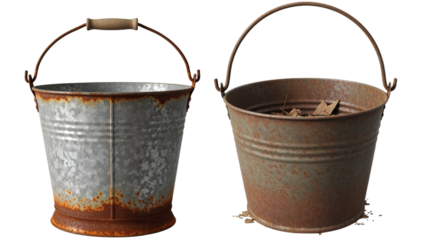 Two weathered metal buckets, one clean, the other with rust and debris, isolated against a transparent background
