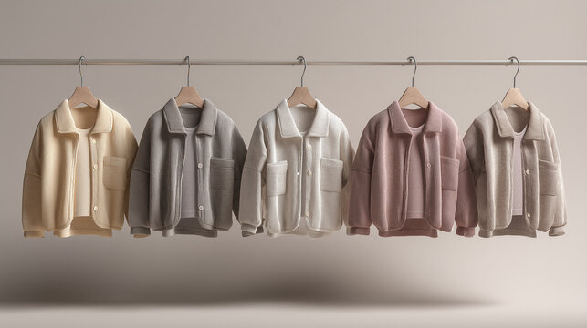 Premium kids' clothing CMF system featuring corduroy jacket and t-shirt sets in neutral earth tones, minimalist apparel display on a clothing rack for lookbook and retail