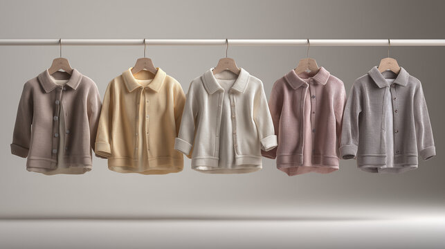 Premium kids' clothing CMF system featuring corduroy jacket and t-shirt sets in neutral earth tones, minimalist apparel display on a clothing rack for lookbook and retail