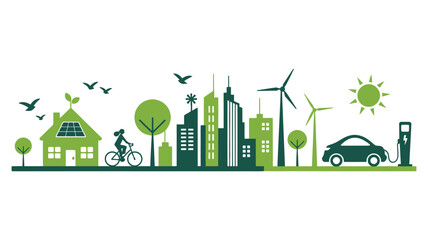Green eco friendly city skyline concept showing sustainable living electric car charging station wind turbines and solar panel home © Mujahid