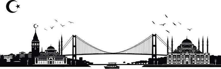 Fototapeta premium Istanbul skyline silhouette with Bosphorus Bridge mosques crescent moon and birds symbolizing Turkish culture travel landmark illustration