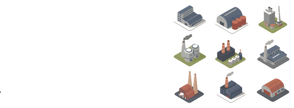 Set of isometric industrial factory building icons showing different warehouse and production site designs with transparent background