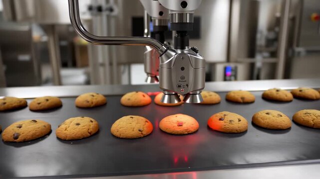 In this captivating video, watch as automated robotics expertly sort and inspect freshly baked cookies. The precision and speed of the machinery ensure that every cookie meets the highest quality stan