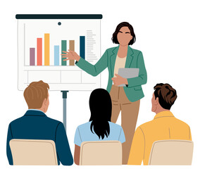 Modern flat vector illustration of a business presentation with a woman presenting charts to a small team during a meeting. Isolated on transparent background