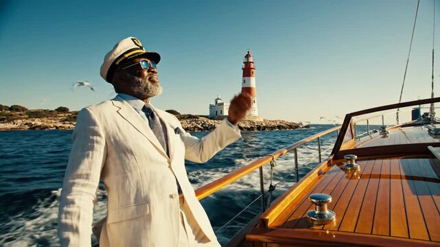 Cinematic maritime vista featuring a majestic beacon lighthouse overlooking a vintage sailing yacht vessel with a dapper man in retro attire on the ocean during a golden hour sunset scene