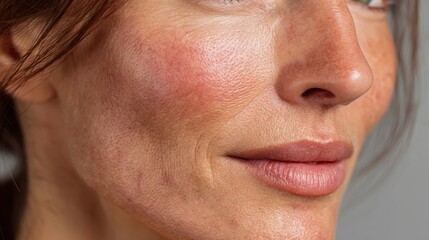 Obraz premium Close-up of a woman's face with redness, wrinkles, and visible skin texture. It can illustrate skincare issues, aging process, or cosmetic treatments.