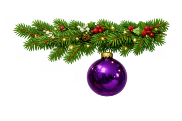 Christmas garland with a dazzling purple bauble, festive fir branches, lights, red berries, and pine cone decorating for winter holidays