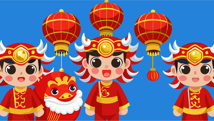 Fototapeta premium Chinese New Year Festival Vector Illustration with Red Lanterns, Dragon Dance, and Traditional Costumes with Golden Accents in a Flat Design Style