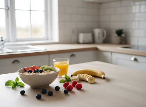 fresh oatmeat and fruits in kitchen