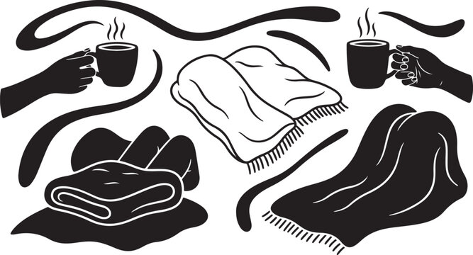 Cozy winter scene with blankets and hot coffee cups