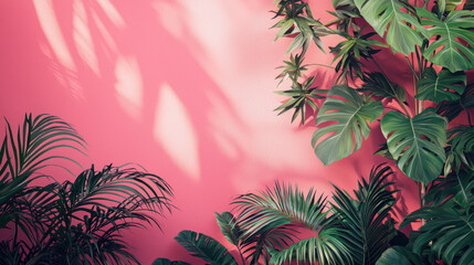 Naklejka premium Lush green tropical leaves frame a vibrant pink wall, casting soft shadows and creating a serene botanical atmosphere perfect for summery backgrounds.