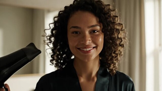 A beautiful woman with naturally curly hair is captured in a close-up, engaging with the viewer as she smiles brightly while tending to her hair. She holds a sleek, black hair dryer, suggesting a pers