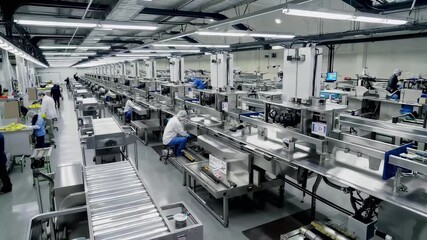 Dive into a high-tech production facility, where advanced machinery and streamlined processes optimize efficiency. Observe skilled workers expertly utilizing innovative systems in a bustling environme