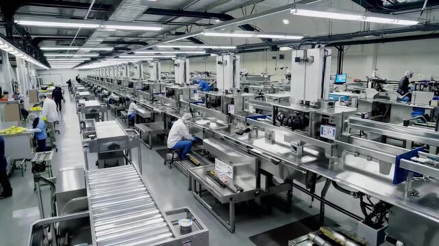 Dive into a high-tech production facility, where advanced machinery and streamlined processes optimize efficiency. Observe skilled workers expertly utilizing innovative systems in a bustling environme