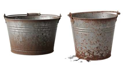Two weathered metal buckets, showing rust and wear, stand side-by-side against a black background. One has a handle partially up