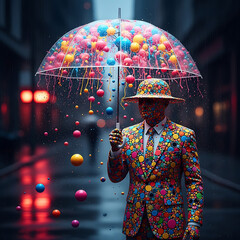 Vibrant businessman in colorful suit holding clear umbrella on rainy city street