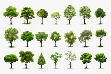 Fototapeta premium Various green trees in different shapes and sizes on a white background
