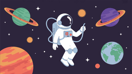 Fototapeta premium Astronaut floating in colorful galaxy with planets and stars