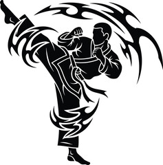 Fototapeta premium Martial artist performing high kick vector illustration, dynamic karate fighter silhouette with flame motion effects, black and white combat sport artwork
