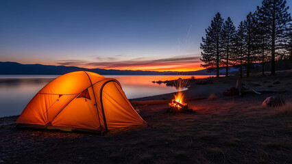 Warm glowing tent and cozy campfire illuminate a serene lakeside camping spot at dusk, reflecting on calm waters under a magnificent twilight sky, offering a perfect outdoor escape
