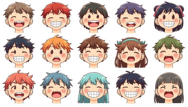 Colorful Anime Faces with Various Emotions and Hair Colors