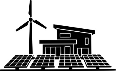 Solar Energy Tech: A clean black silhouette of a solar panel array with a wind turbine and a modern house. Minimalist flat design on white background.