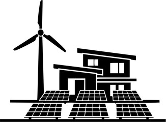 Solar Energy Tech: A clean black silhouette of a solar panel array with a wind turbine and a modern house. Minimalist flat design on white background.