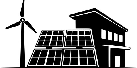 Solar Energy Tech: A clean black silhouette of a solar panel array with a wind turbine and a modern house. Minimalist flat design on white background.