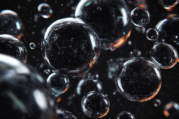 microscopic spheres with sparkling particles suspended in dark liquid