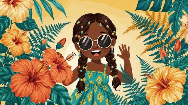 Vibrant vintage vector illustration of a stylish girl wearing sunglasses amidst lush tropical foliage and exotic plants, capturing a nostalgic retro summer aesthetic and warm seasonal vibe.