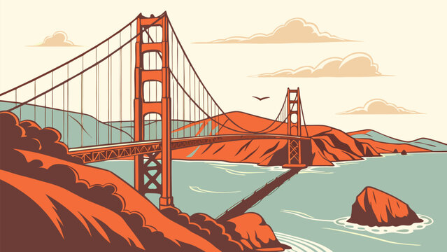 Vibrant vector illustration of a grand suspension bridge over tranquil waters. A clean, flat vector illustration of the Golden Gate Bridge, viewed from an elevated angle, stretching across calm blue 