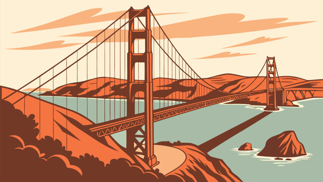 Vibrant vector illustration of a grand suspension bridge over tranquil waters. A clean, flat vector illustration of the Golden Gate Bridge, viewed from an elevated angle, stretching across calm blue 