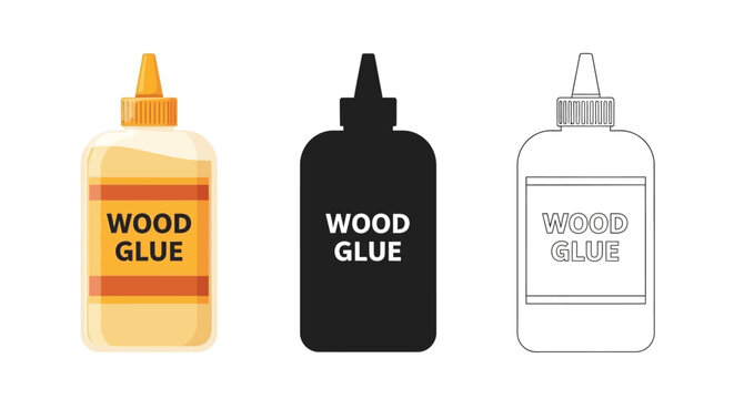 Three bottles of wood glue displayed in color silhouette and outline styles