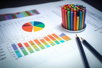 Documents displaying graphs and charts with drawing pencils represent data analysis and reporting