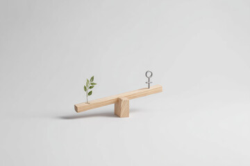 Wooden balance scale with green leaf and female gender symbol represents andropause and hormonal balance in minimal style on light background