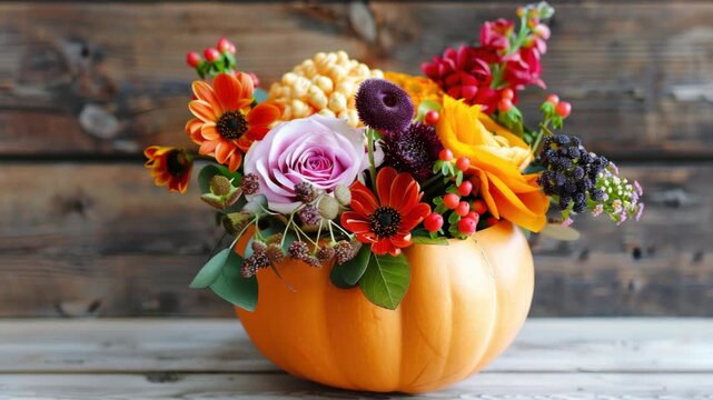 A pumpkin serves as a unique flower arrangement centerpiece for autumn, featuring harvest colors such as yellow, orange, and maroon flowers.