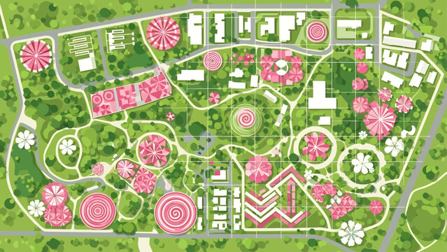 landscape design plan for a stylized urban park and city development layout viewed from above as an architectural planning concept.