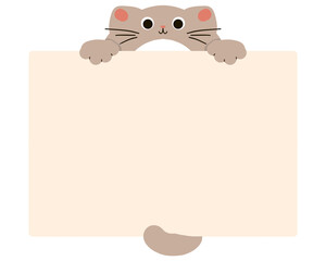 A funny cartoon illustration of a baby bear and cat holding a blank heart sign on a paper banner frame for a birthday card design