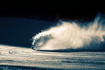 Abstract snow spray pattern on dark background, dynamic motion and winter elements visualized