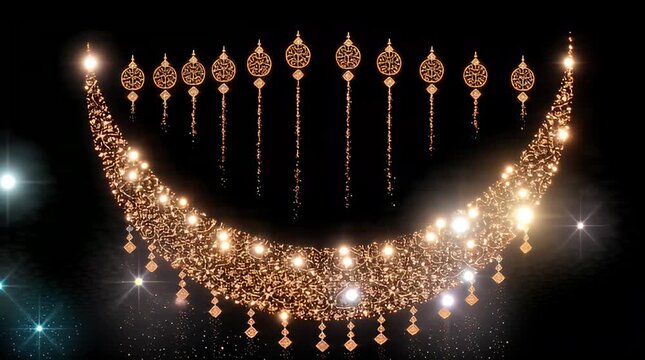 Sparkling golden arch of decorative lights and glowing ornaments, creating a luxurious festive atmosphere